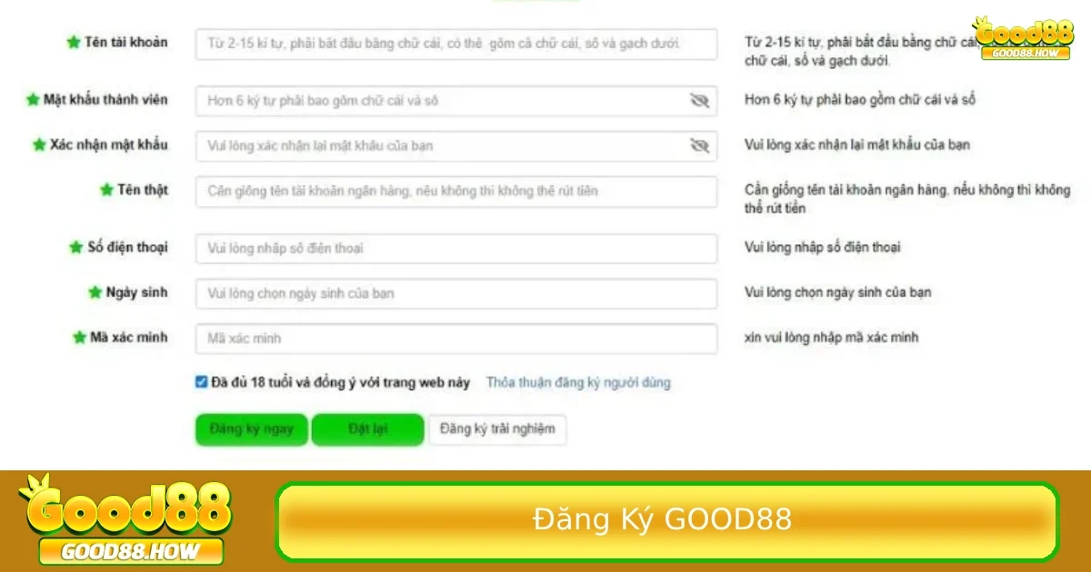 Các bước tạo tài khoản khi đăng ký Good88 cực nhanh